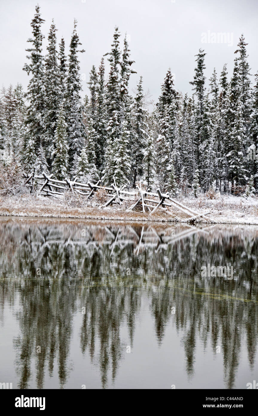 Recinzione, riflessione, lago, neve Whitehorse, Yukon, Canada, America del Nord, legno, natura, neve Foto Stock