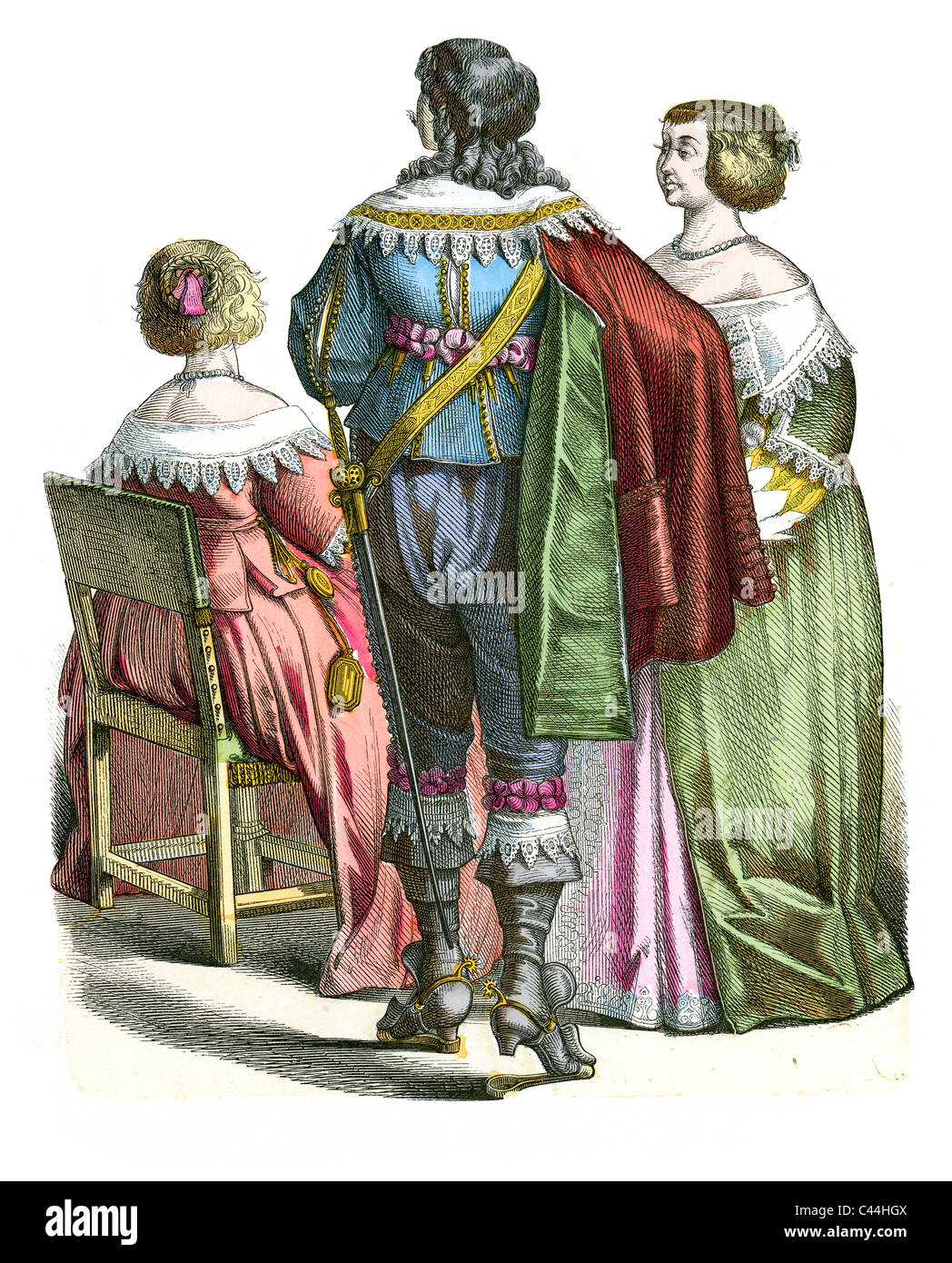 Un nobile e donne in costume del XVII secolo in Francia Foto Stock