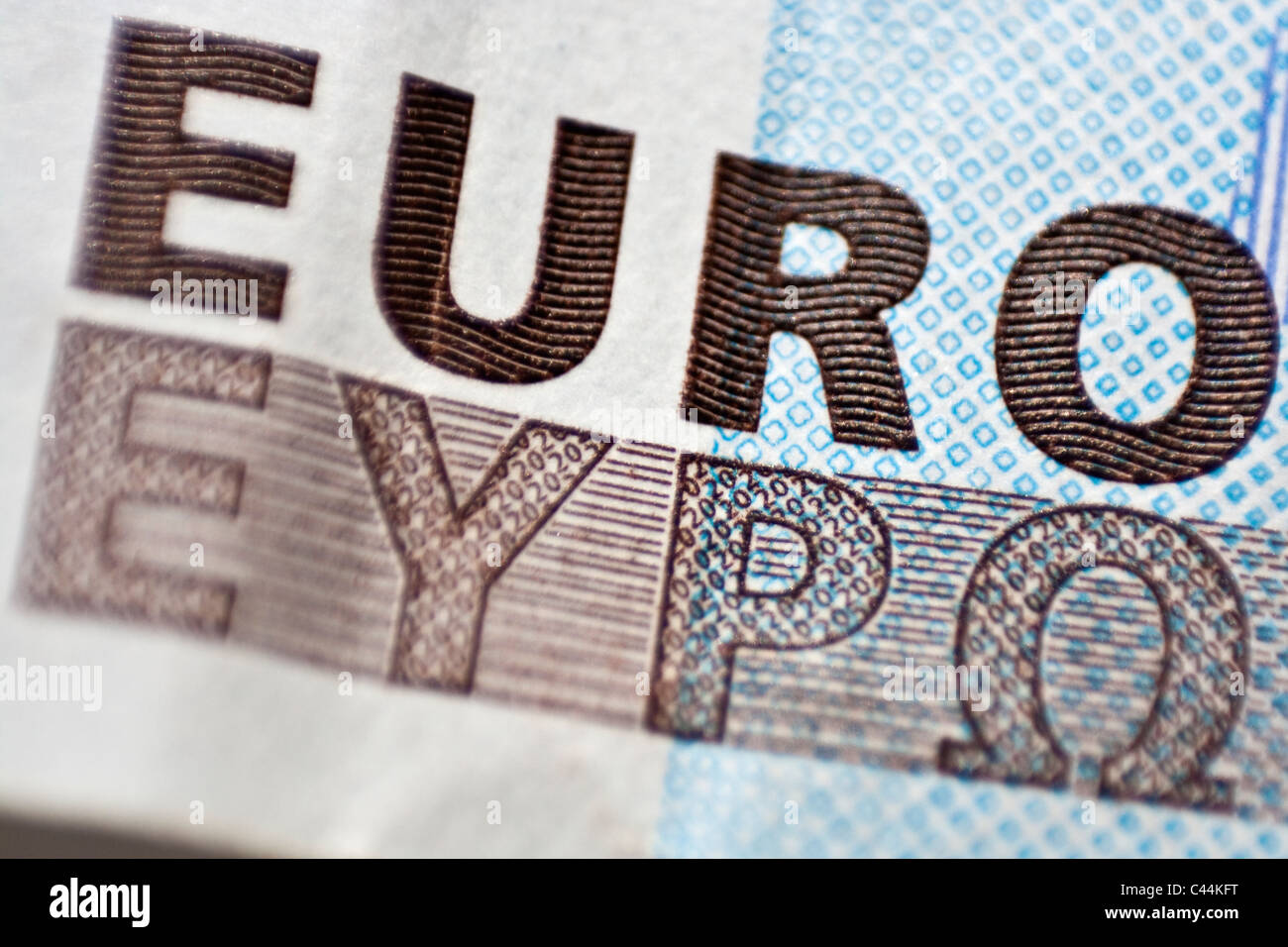 Lettering "euro", macro dettaglio di 20 di banconote in euro Foto Stock