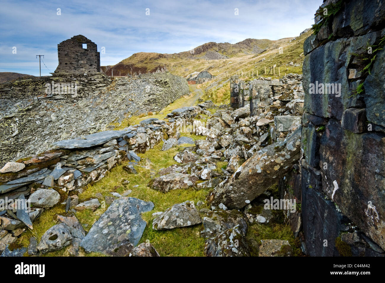 Croesor abbandonata miniera di ardesia, Cwm Croesor, Snowdonia National Park, North Wales, Regno Unito Foto Stock