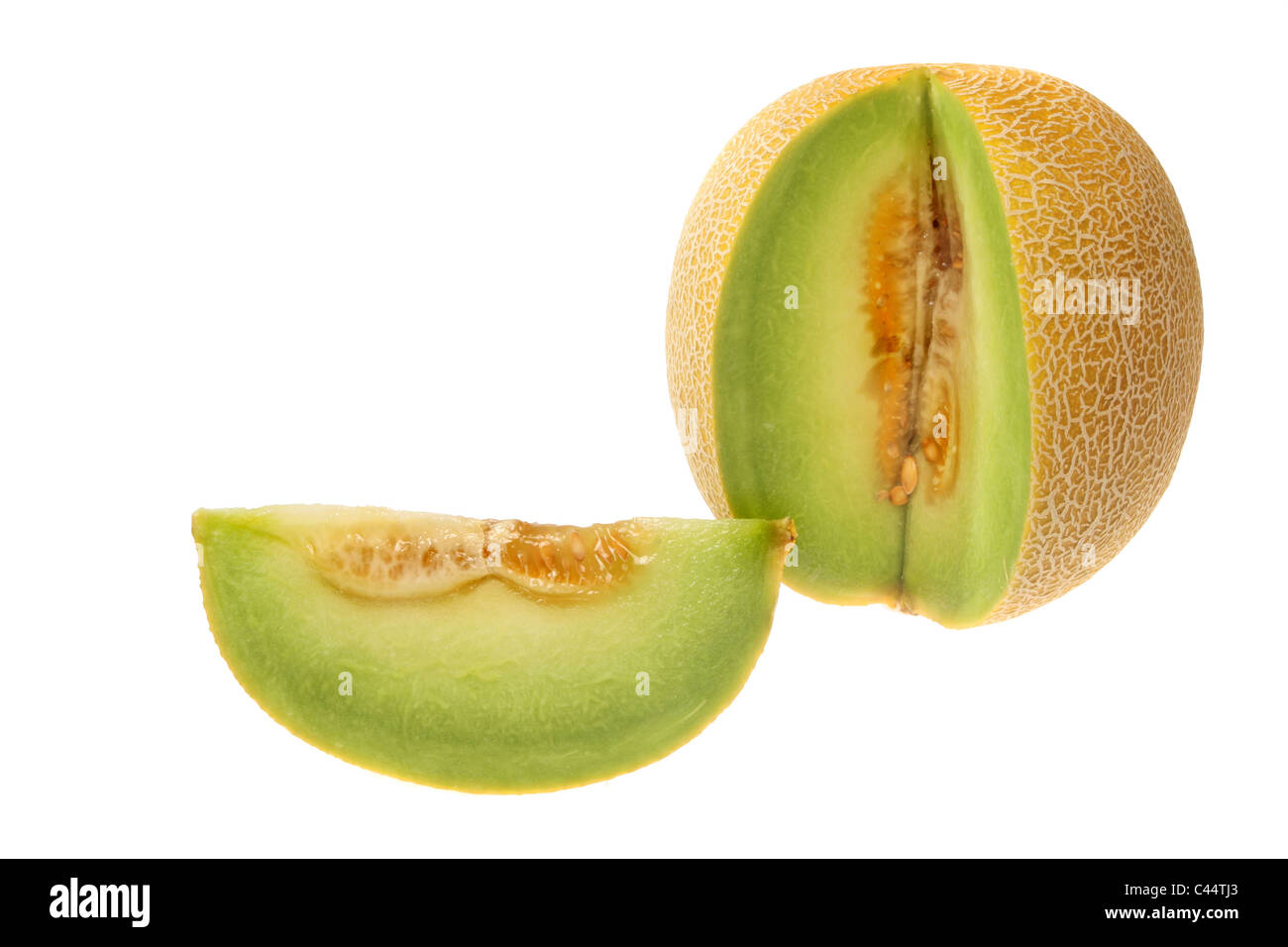 Melone Galia con fetta tagliata isolato su bianco Foto Stock