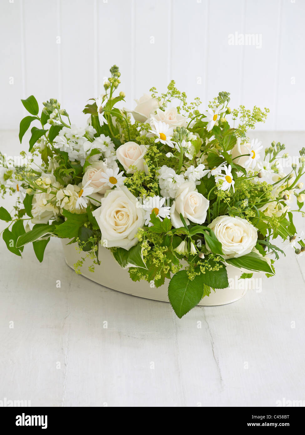 Trug contenente la disposizione dei fiori bianchi, compresi marguerites, rose, sigillo di Salomone, stock bianco Foto Stock