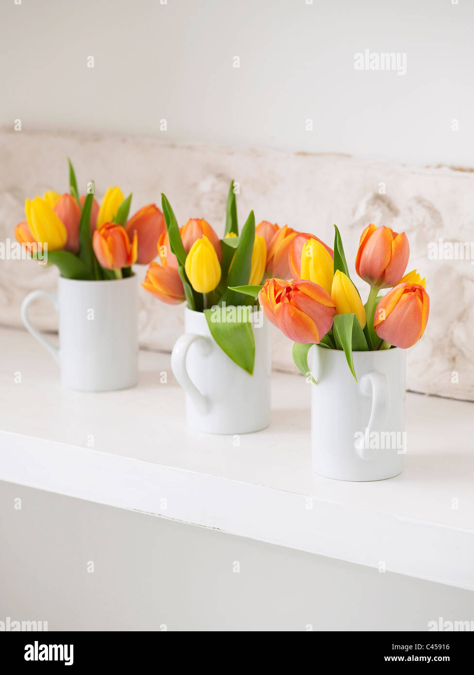 Tazze contenenti i tulipani sul ripiano, close-up Foto Stock