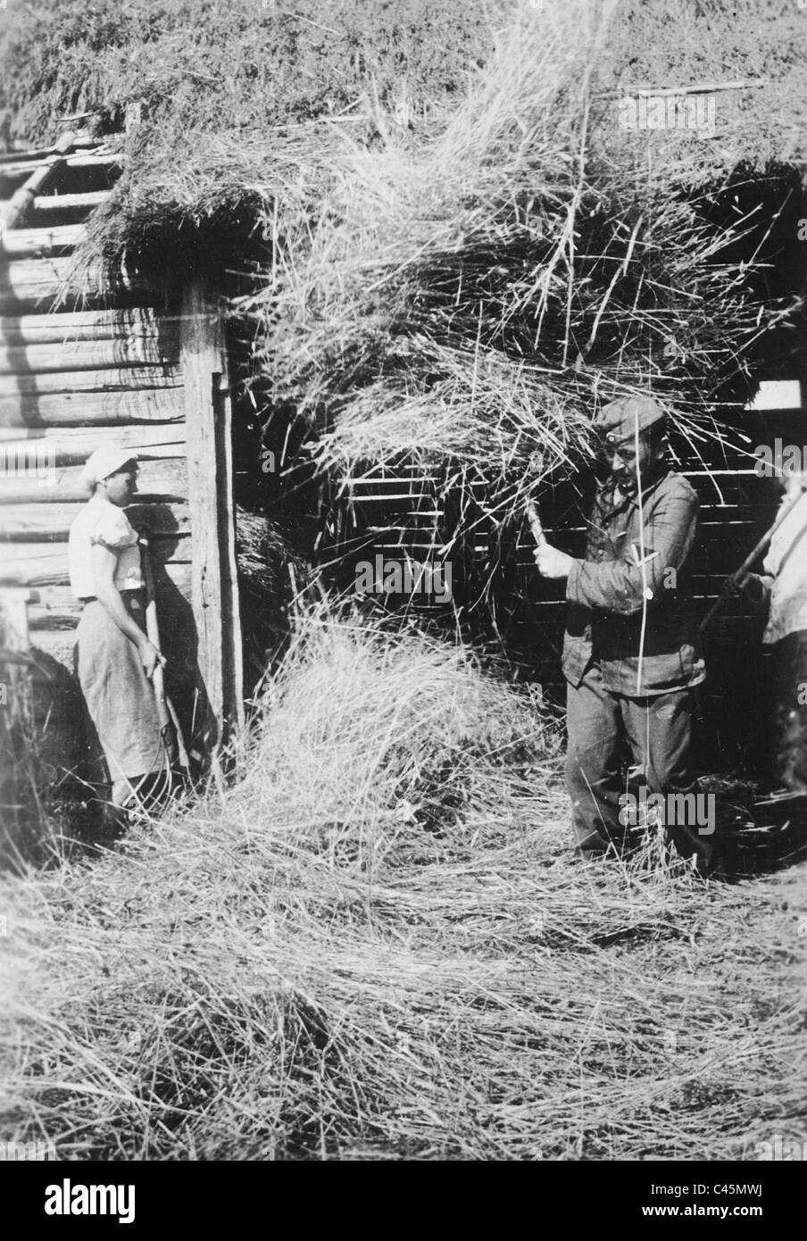Soldato tedesco con una contadina durante il raccolto di fieno dietro il fronte orientale, 1942 Foto Stock