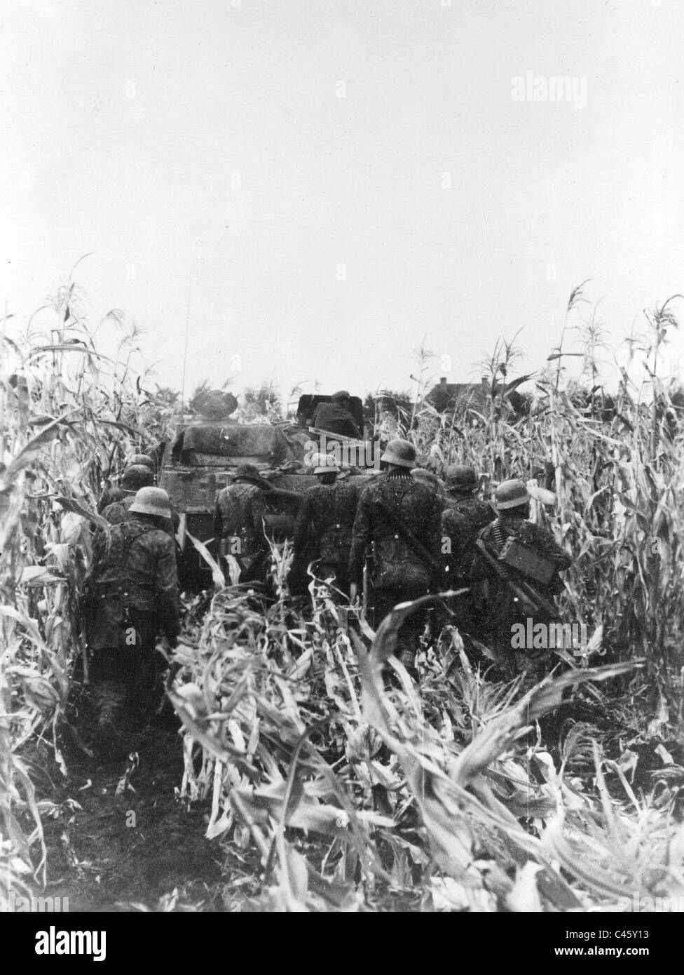 SS soldati si muovono contro posizioni sovietica in Ungheria, 1944 Foto Stock