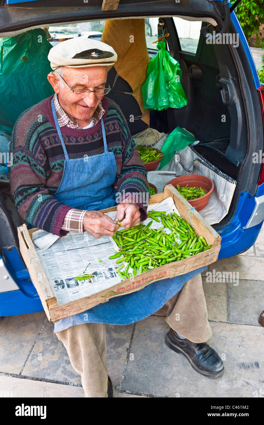 Il vecchio uomo piselli da sgranare al mercato rionale - Francia. Foto Stock
