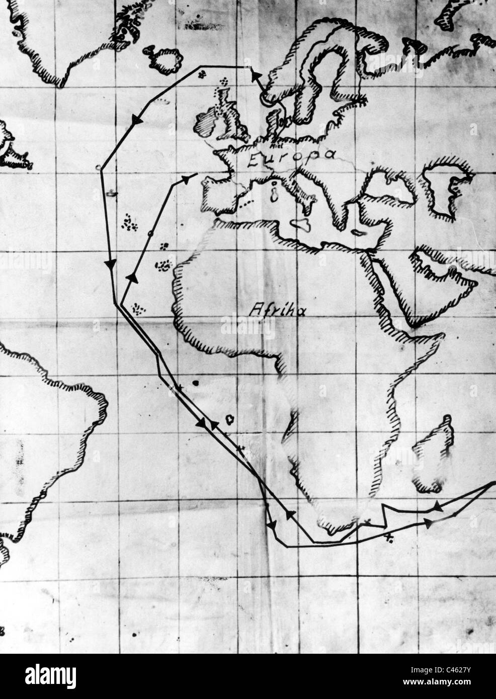 Itinerario di viaggio del sommergibile tedesco U-180 nella Seconda Guerra Mondiale Foto Stock