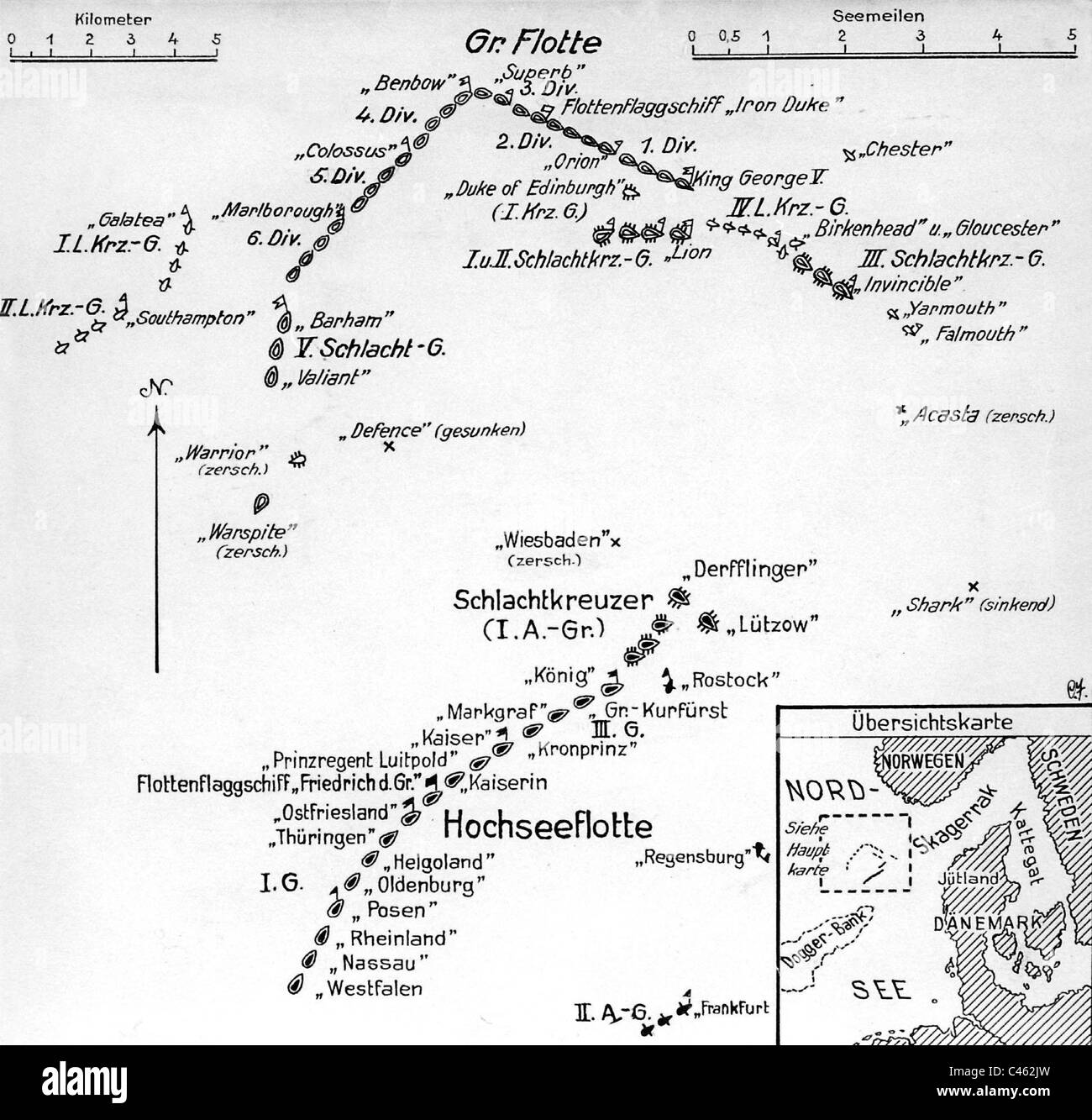 La distribuzione delle flotte per la battaglia navale nello Skagerrak Foto Stock