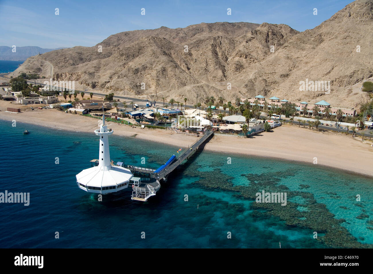 Fotografia aerea dell'osservatorio sottomarino della città di Eilat Foto Stock