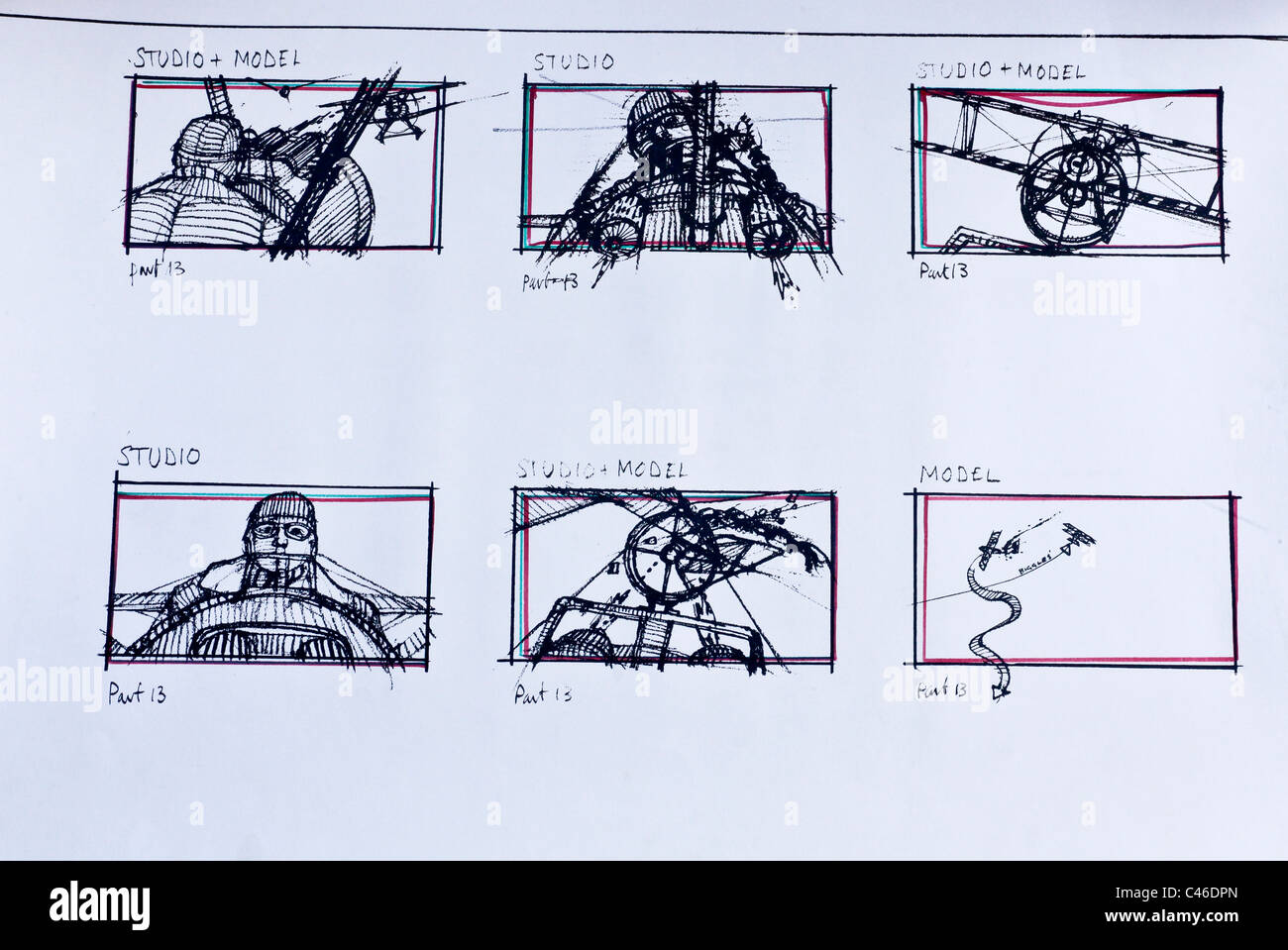 Uno storyboard serie di illustrazioni utilizzate nelle riprese di filmati. Il layout offre alla telecamera uomo le guide per i suoi scatti e modifica Foto Stock