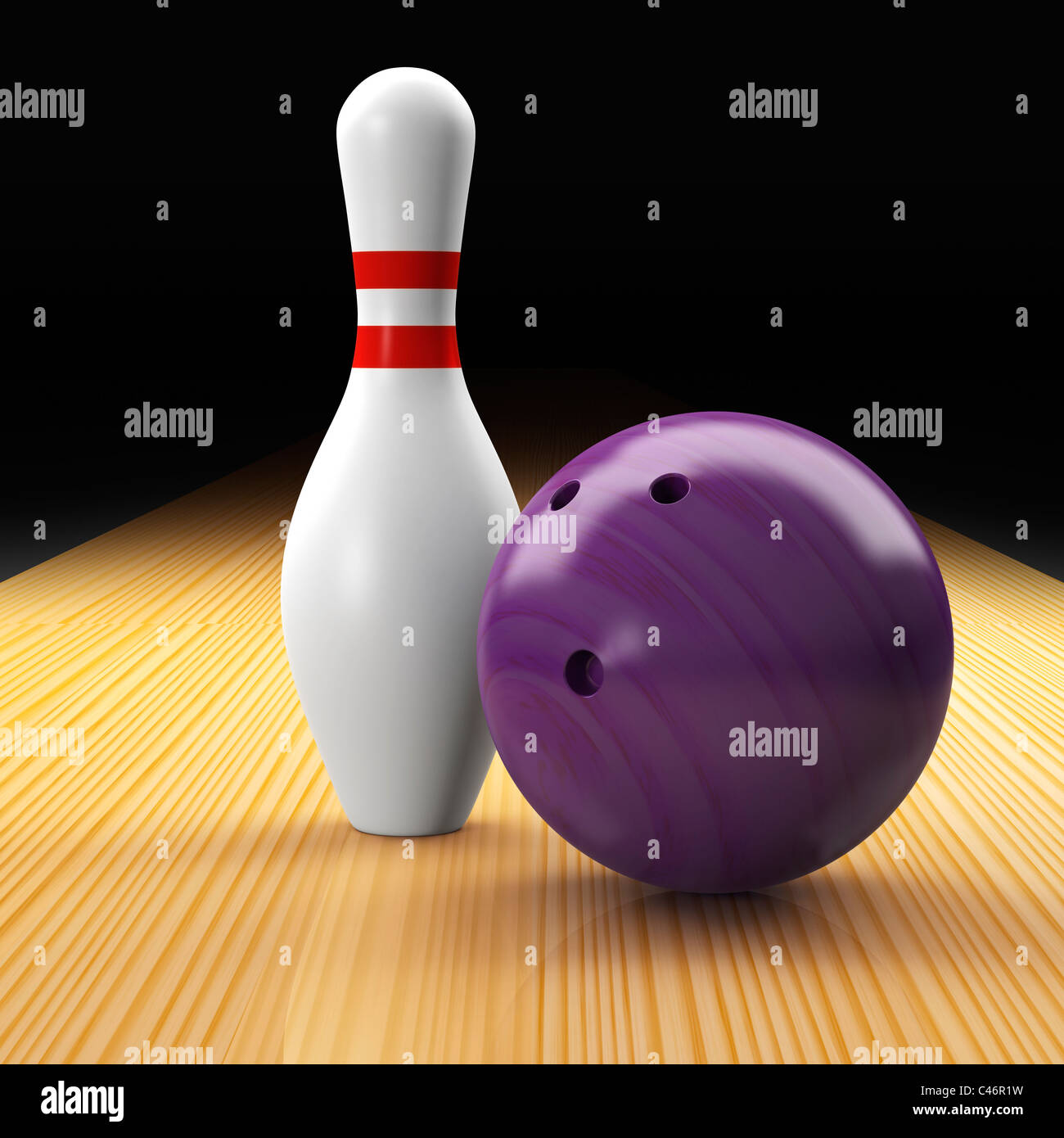 Malva di palla da bowling, pin, lane come elementi di base di ten pin bowling su sfondo nero Foto Stock