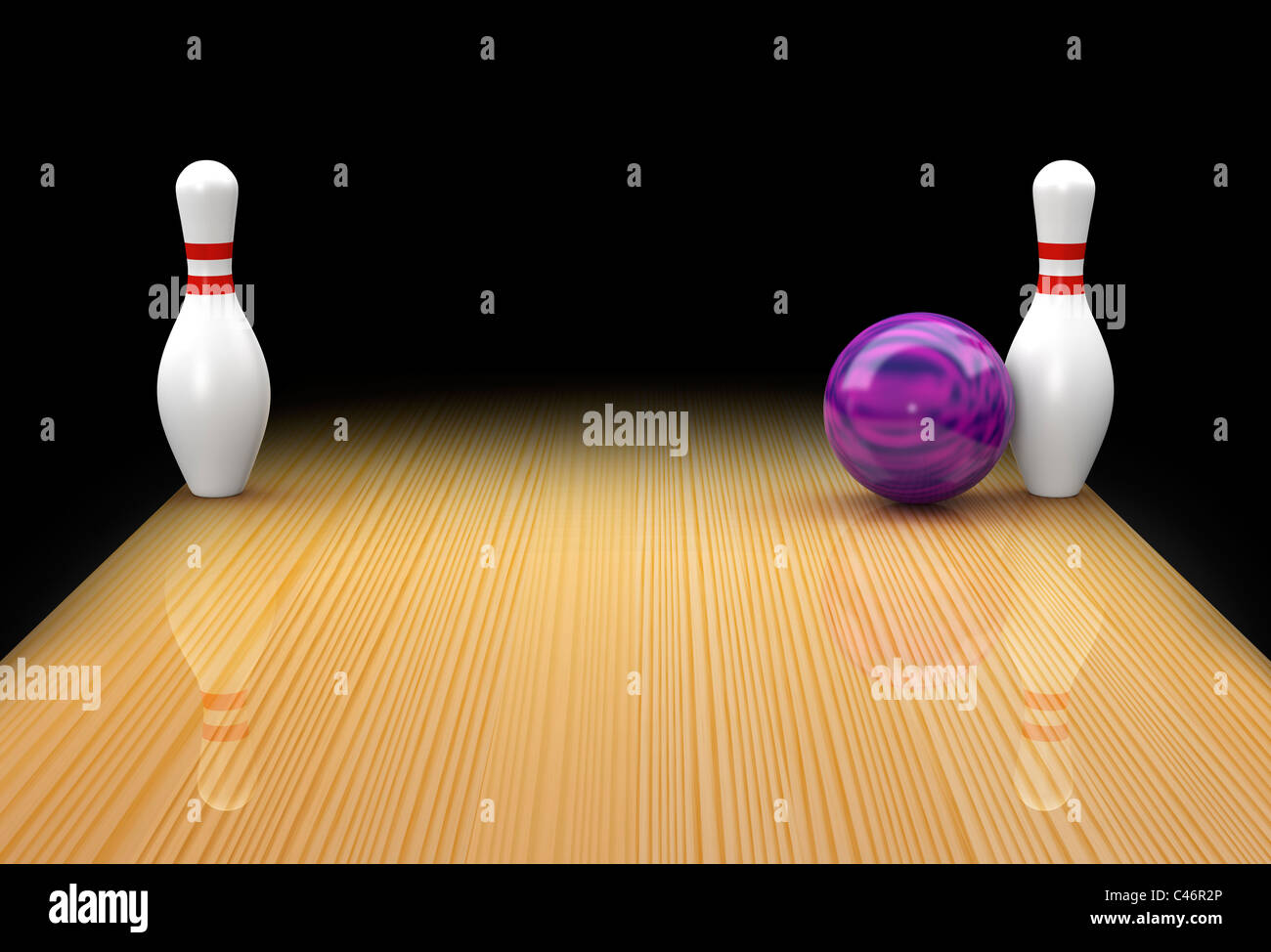 Ten pin bowling lane con sfera di malva in azione di prelevare un posti letto o gli occhi di serpente di ricambio su sfondo nero Foto Stock