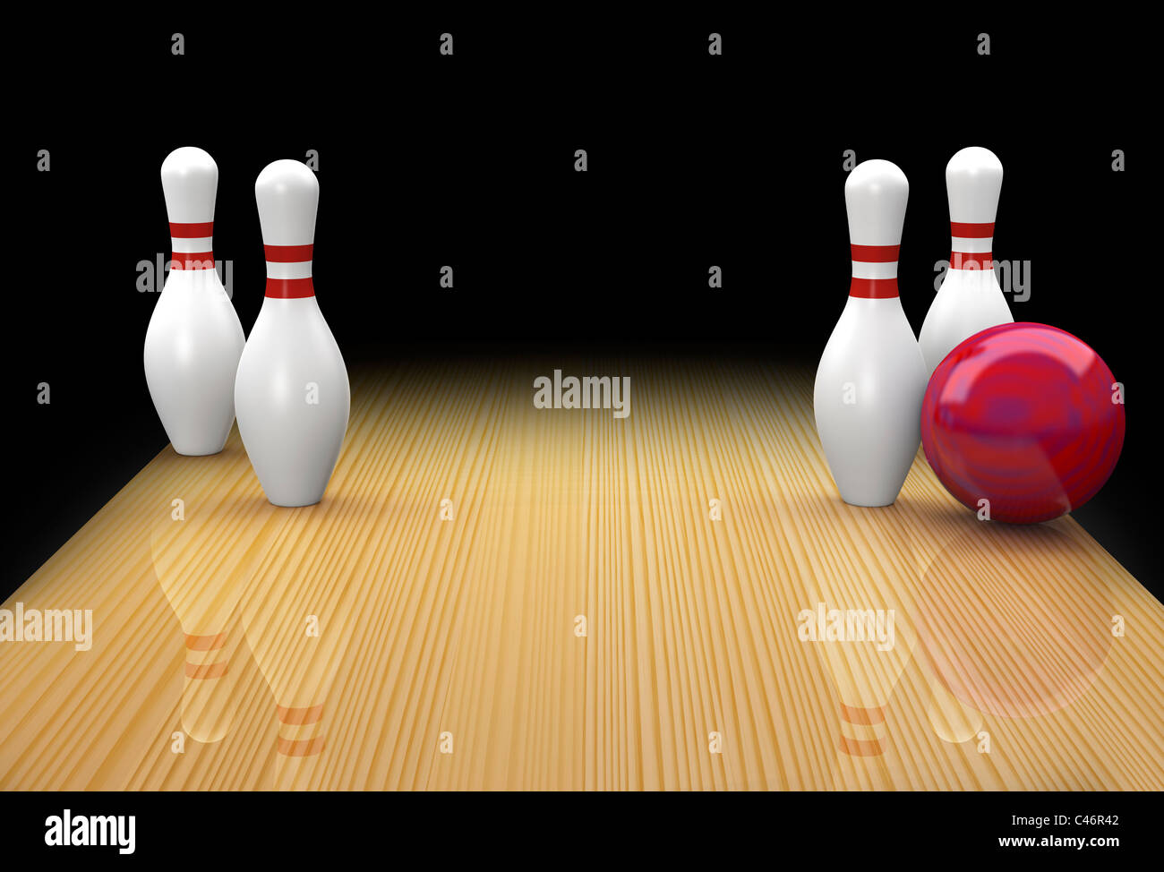 Ten pin bowling split o ricambio chiamato grandi orecchie o quattro grandi con sfera rossa in azione di rendere la parte di ricambio su sfondo nero Foto Stock