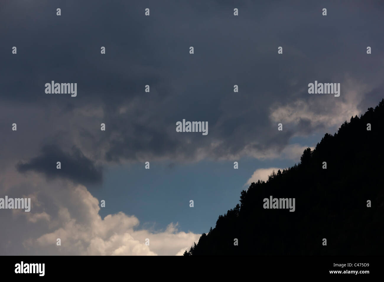 Dark nuvole temporalesche di foresta Andorra Foto Stock