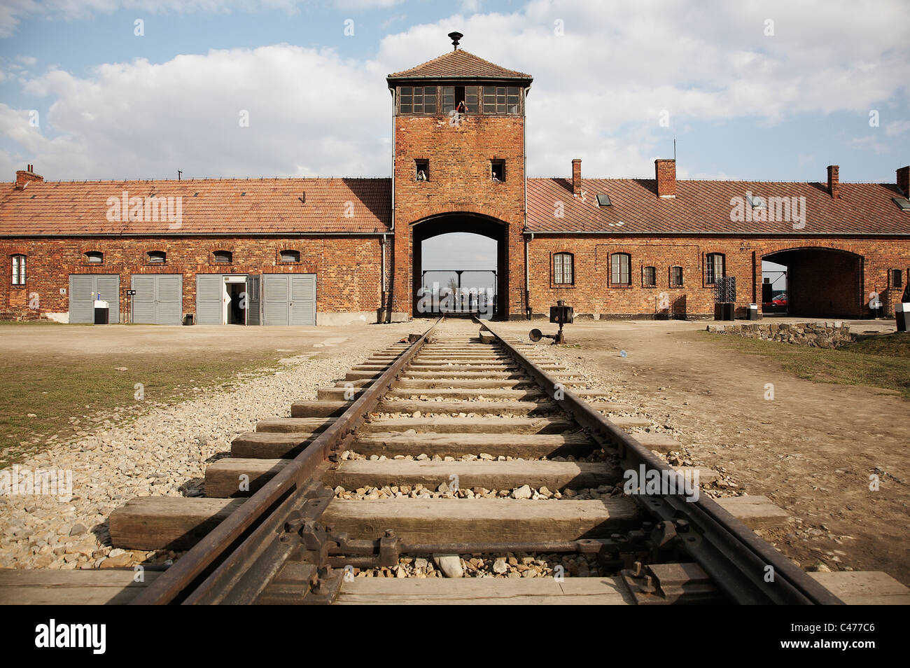 Il famigerato entrata di Auschwitz-Birkenau Foto Stock