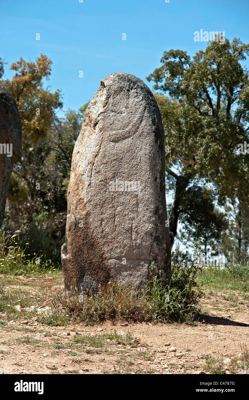 Decorate menhir nel monumento megalitico di Cromelech dos Almendres - Evora - Portogallo Foto Stock