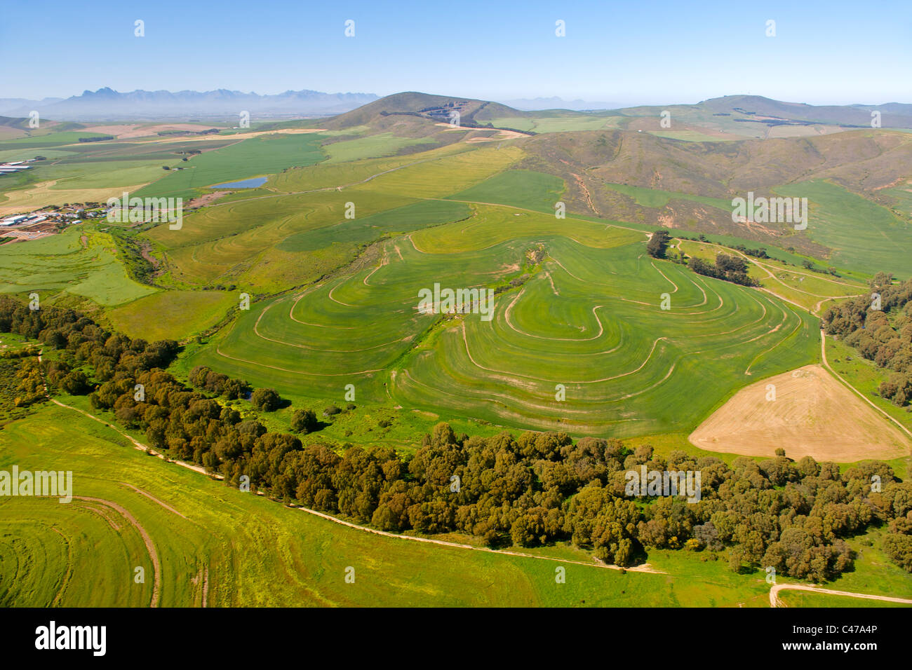 Veduta aerea dei campi agricoli nella Contermanskloof Fisantekraal e la zona a nord di Città del Capo in Sud Africa. Foto Stock