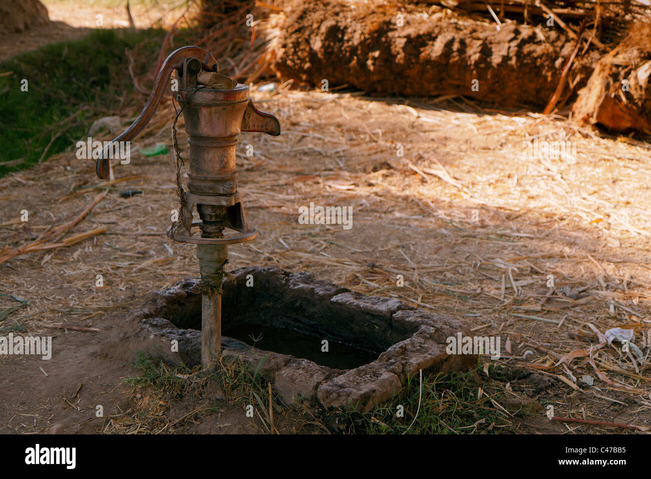 Vecchia Pompa acqua in piedi al di sopra di una ben tagliato nel terreno Foto Stock