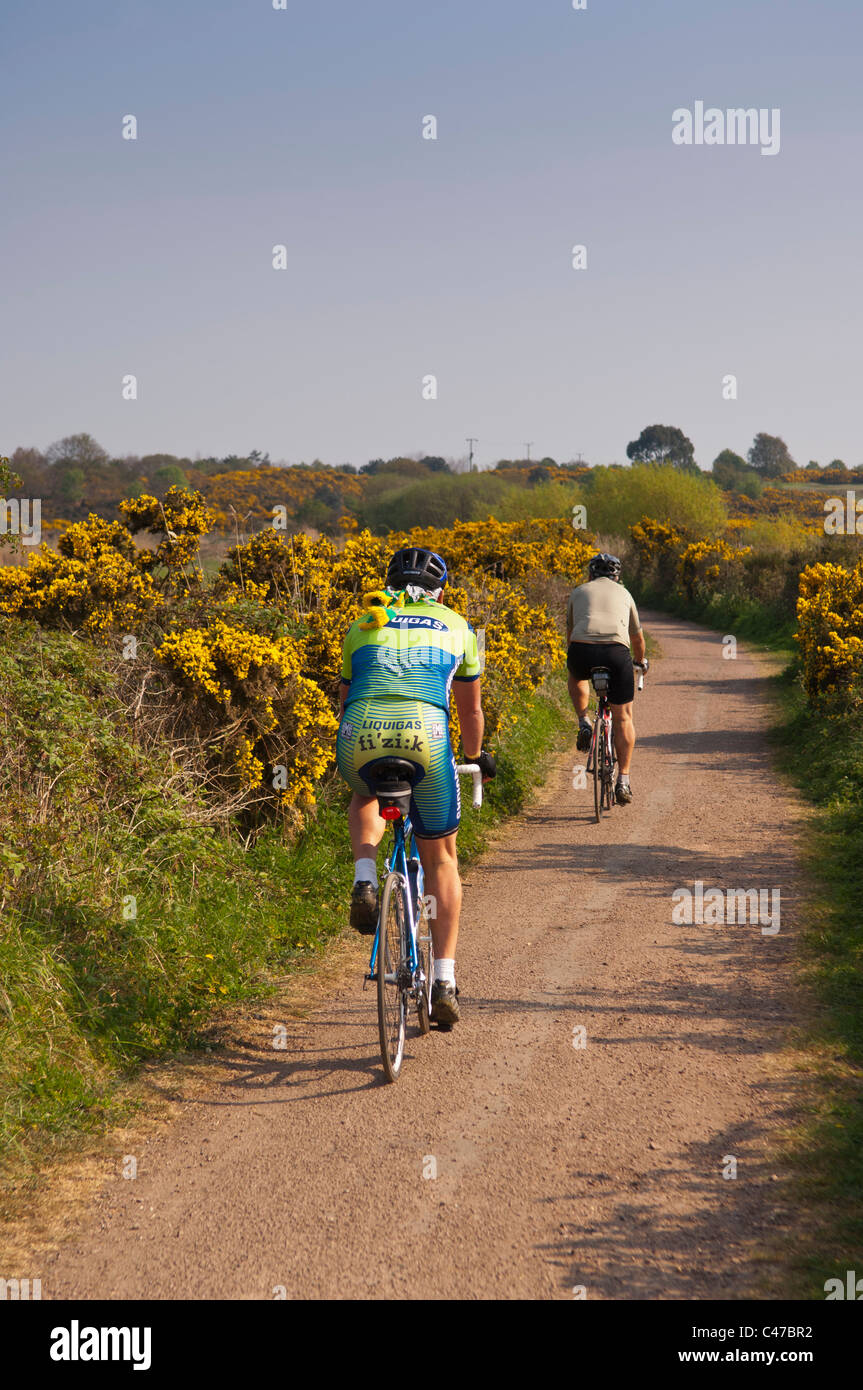 Due ciclisti escursioni in bicicletta verso il basso una traccia in Southwold , Suffolk , Inghilterra , Inghilterra , Regno Unito Foto Stock