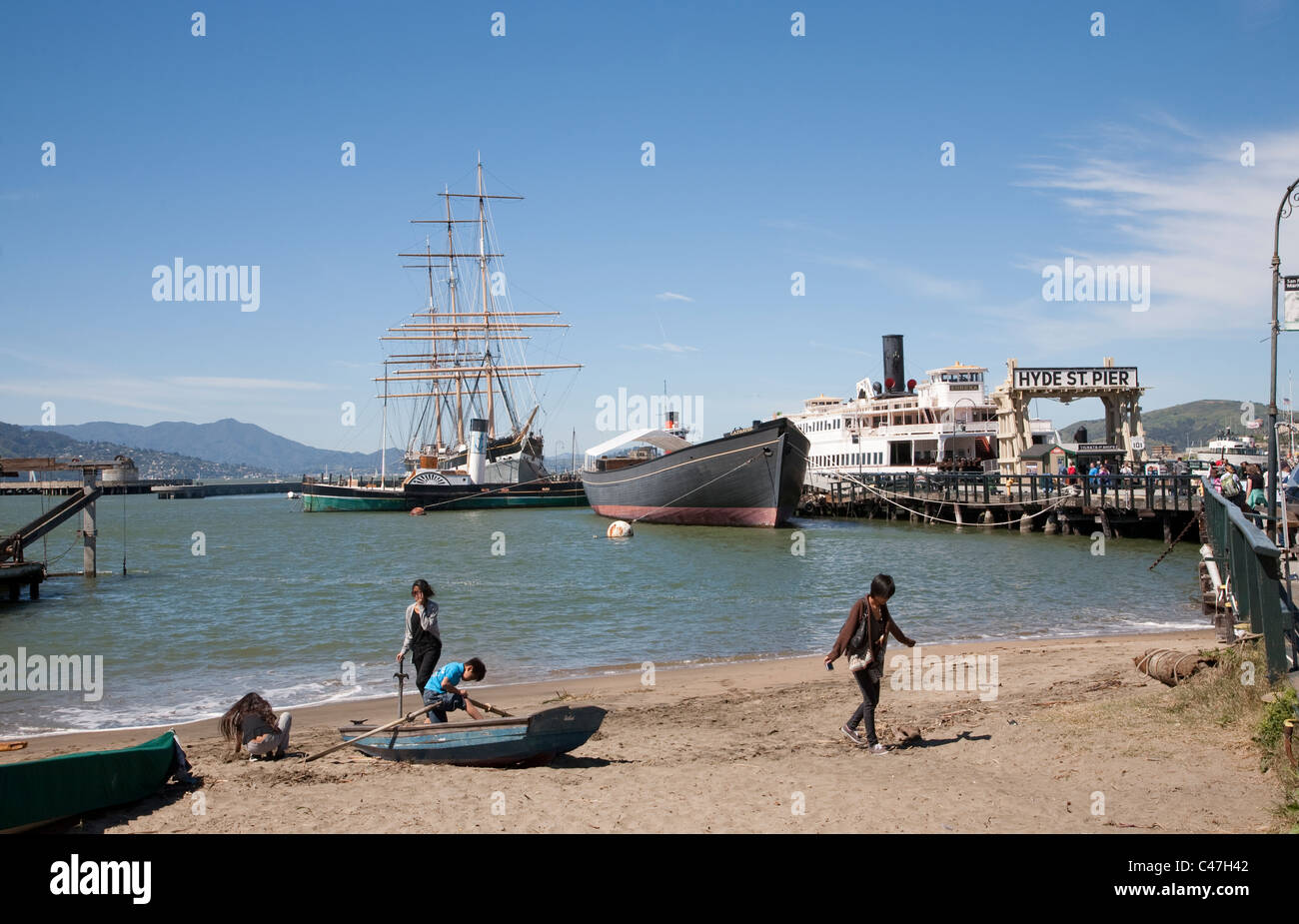 Hyde Street Pier, San Francisco Maritime National Historical Park, Fisherman's Wharf di San Francisco Foto Stock