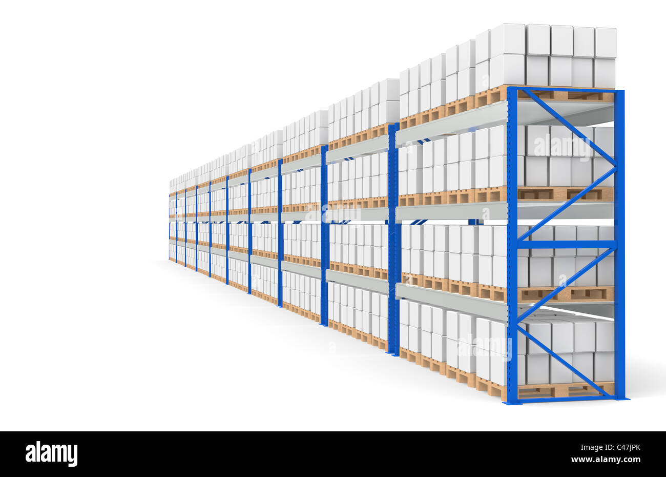 Ripiani del magazzino, vista laterale. Parte di un deposito di colore blu e la logistica serie. Foto Stock