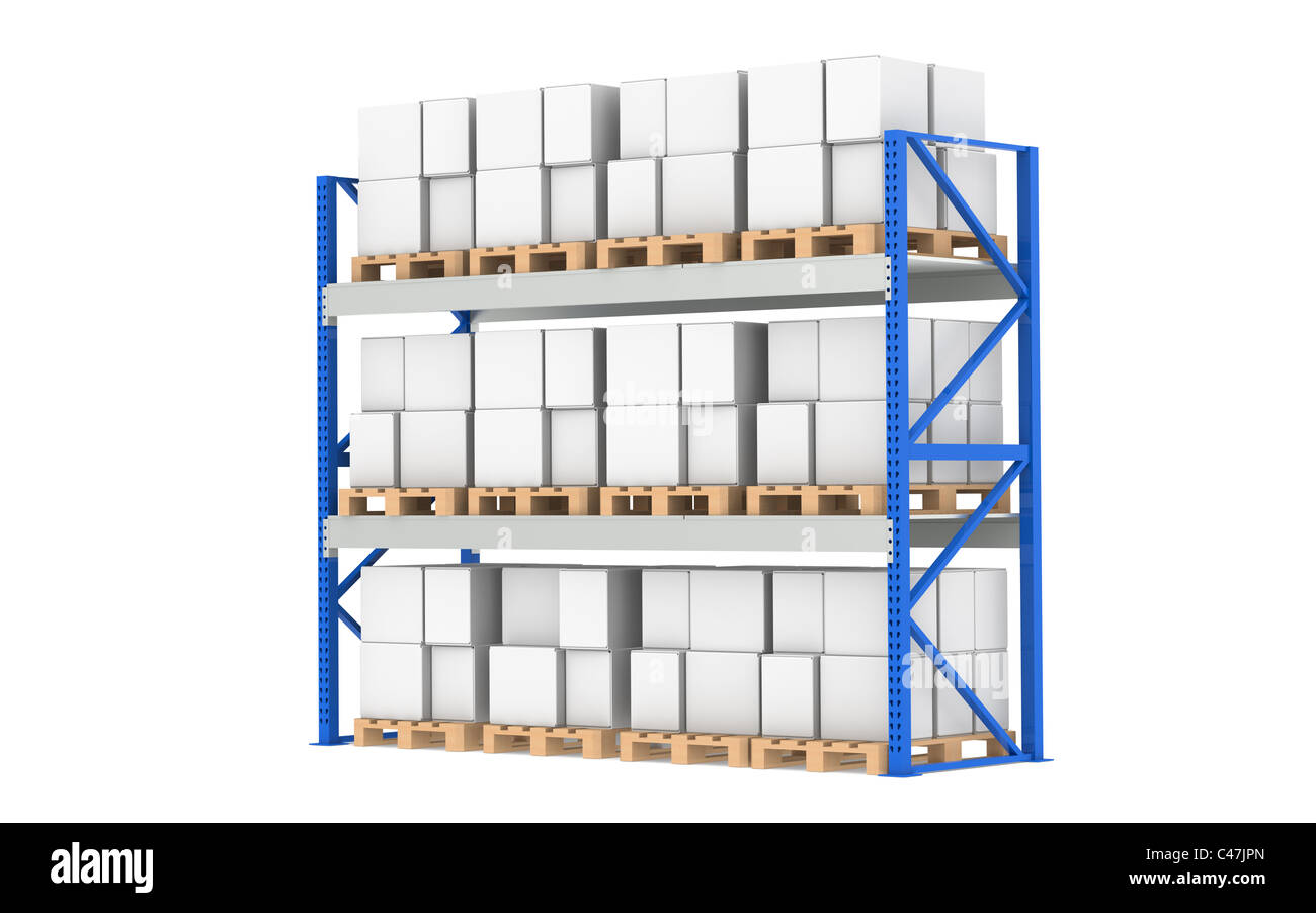 Ripiani del magazzino. Rack pallet, pieno. Isolato su bianco. Parte di un deposito di colore blu e la logistica serie. Foto Stock