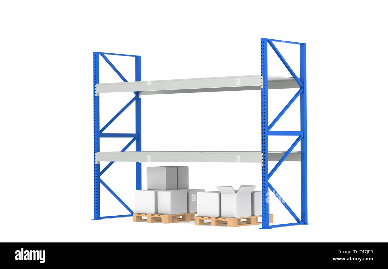 Ripiani del magazzino. Basso livello di scorte. Parte di un deposito di colore blu e la logistica serie. Foto Stock