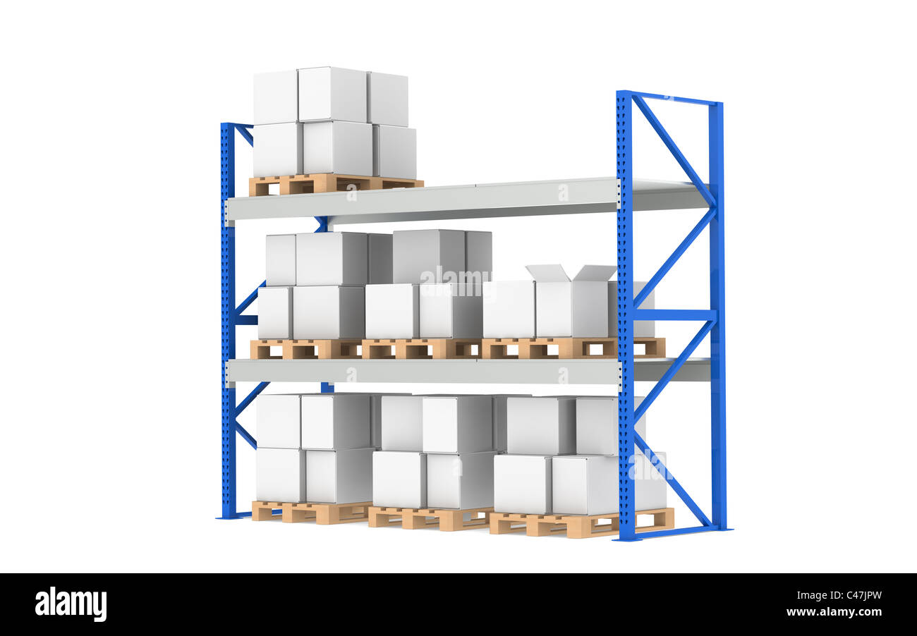 Ripiani del magazzino. Di medio livello di scorte. Parte di un deposito di colore blu e la logistica serie. Foto Stock