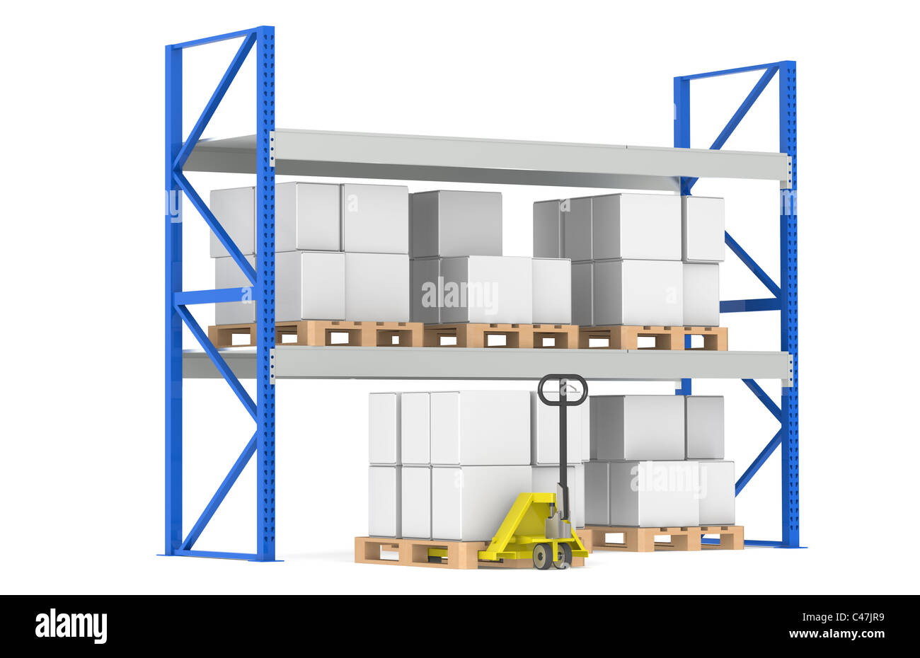 Magazzino pallet e un carrello a mano. Parte di un deposito di colore blu e la logistica serie. Foto Stock