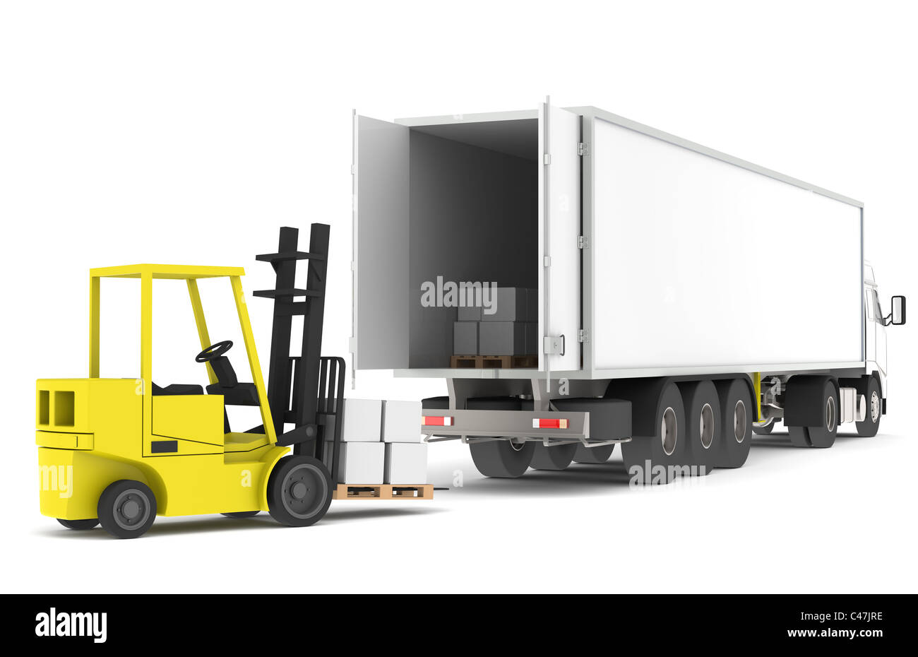 Il caricamento del carrello. Carrello carico di un rimorchio. Parte di un blu e giallo Magazzino e logistica serie. Foto Stock