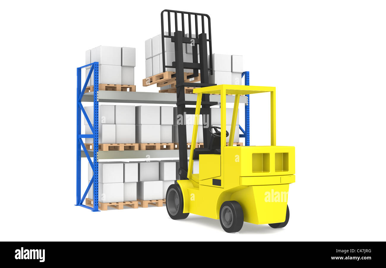 Il carrello elevatore a forche e ripiani. Carrello elevatore a forche pallet carico Rack. Parte di un deposito di colore blu e la logistica serie. Foto Stock