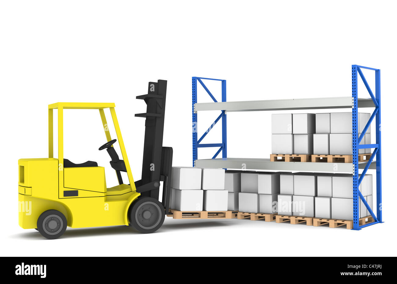 Il carrello elevatore a forche e ripiani. Carrello di carico Rack pallet.parte di un blu e giallo Magazzino e logistica serie. Foto Stock