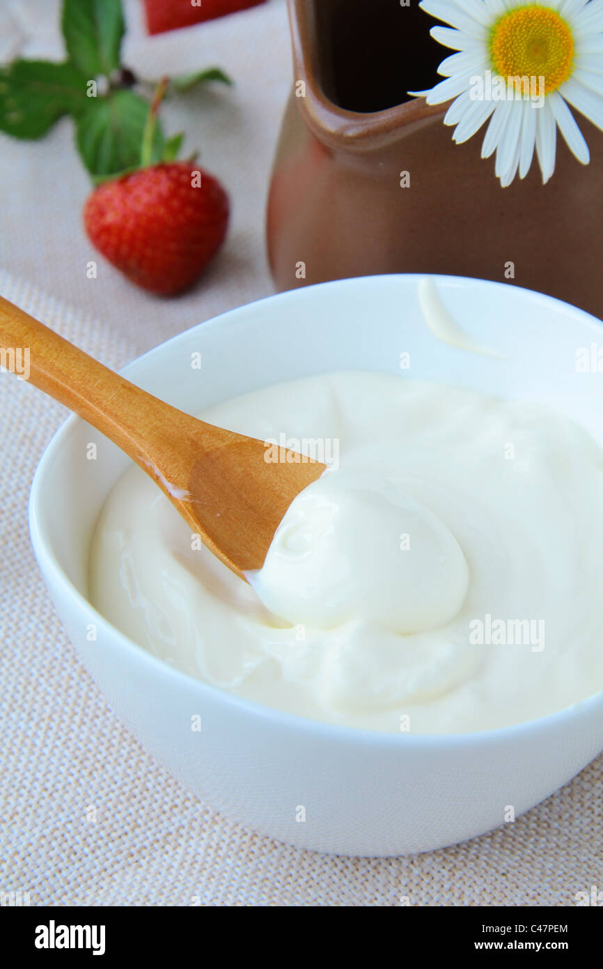 Latte fermentato prodotto panna acida in una tazza bianca Foto Stock