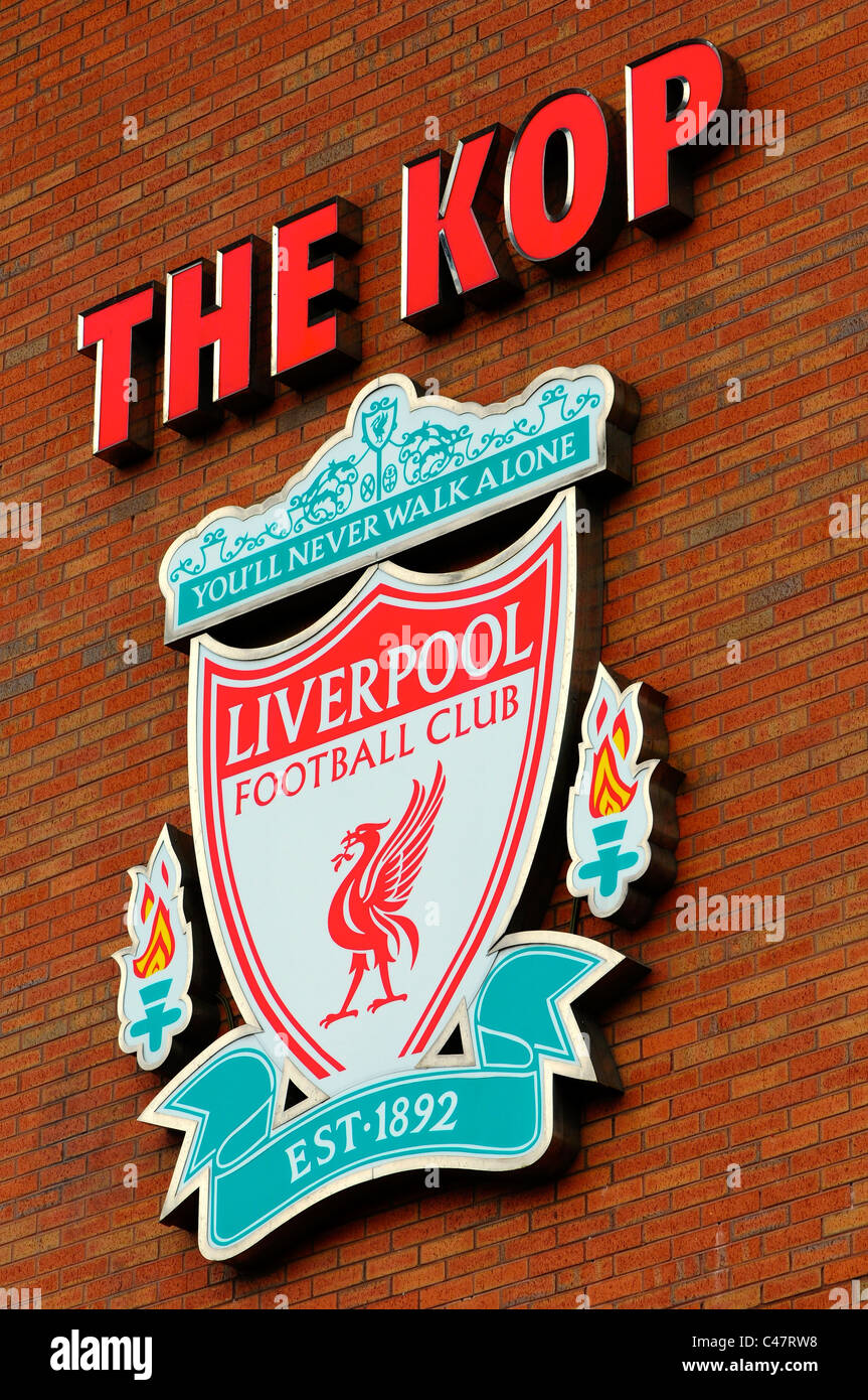 Il Liverpool Football Club logo, Anfield, Liverpool Foto Stock