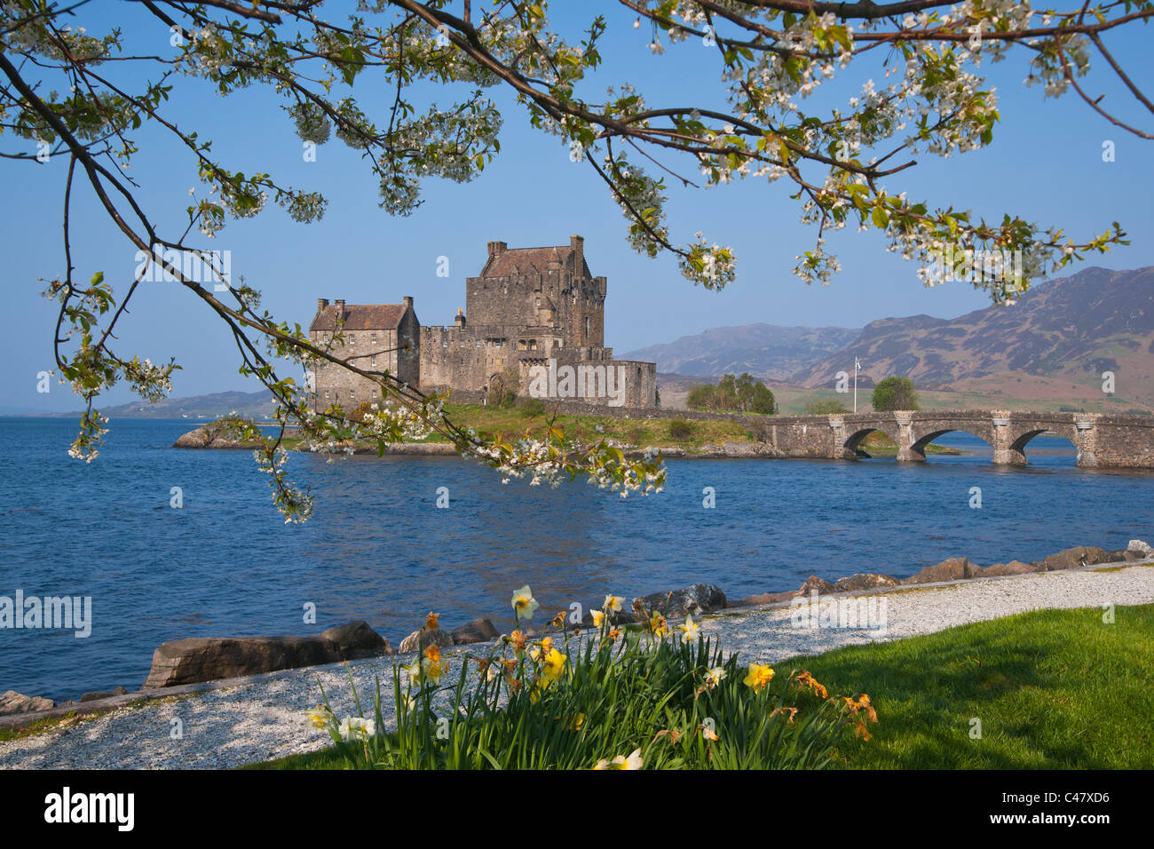 Eilean Donan Castle e Loch Duich, Lochalsh, regione delle Highlands, Scozia Foto Stock