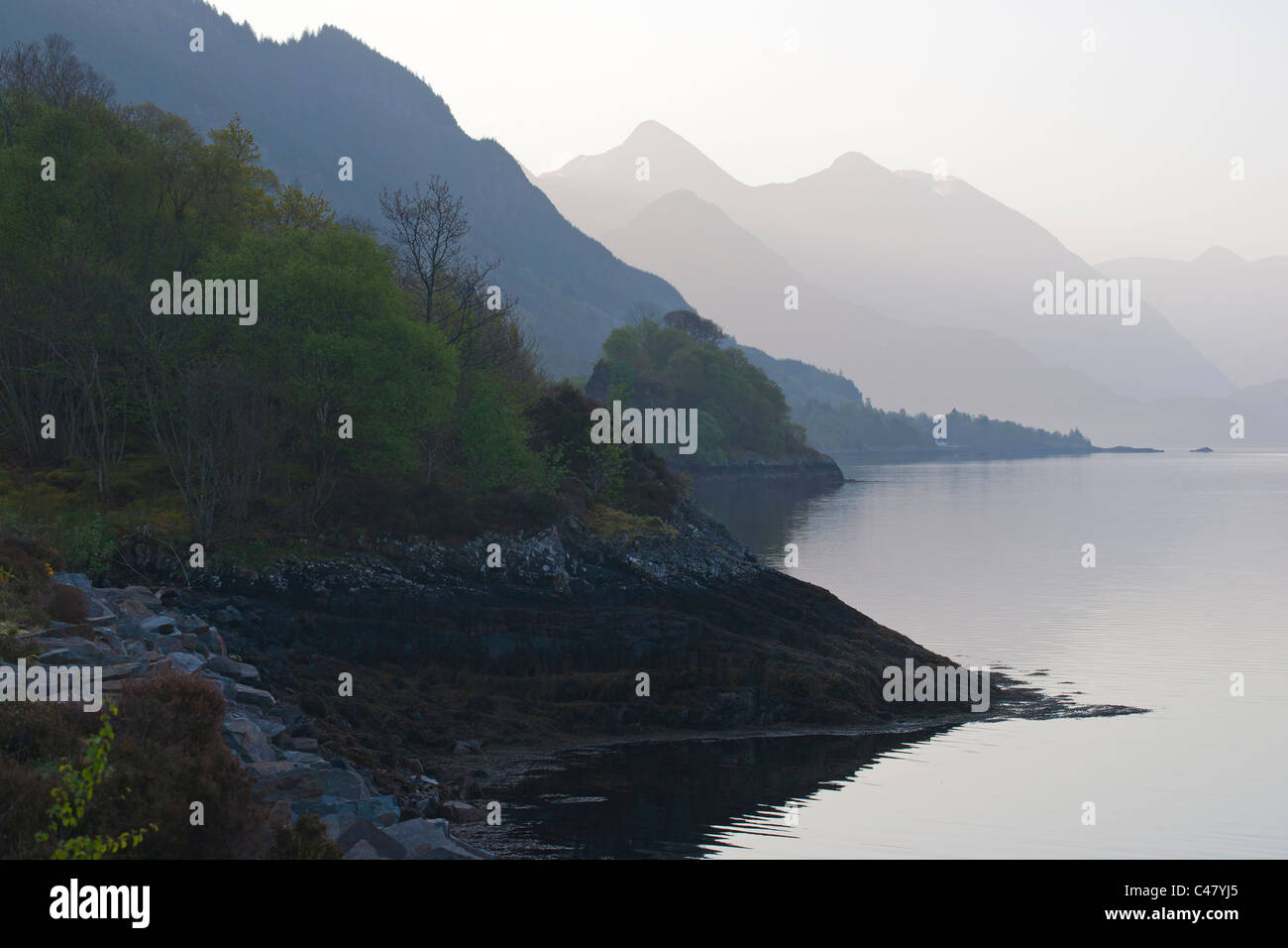Loch Duich, dawn, Lochalsh, Shiel Bridge, regione delle Highlands, Scozia Foto Stock