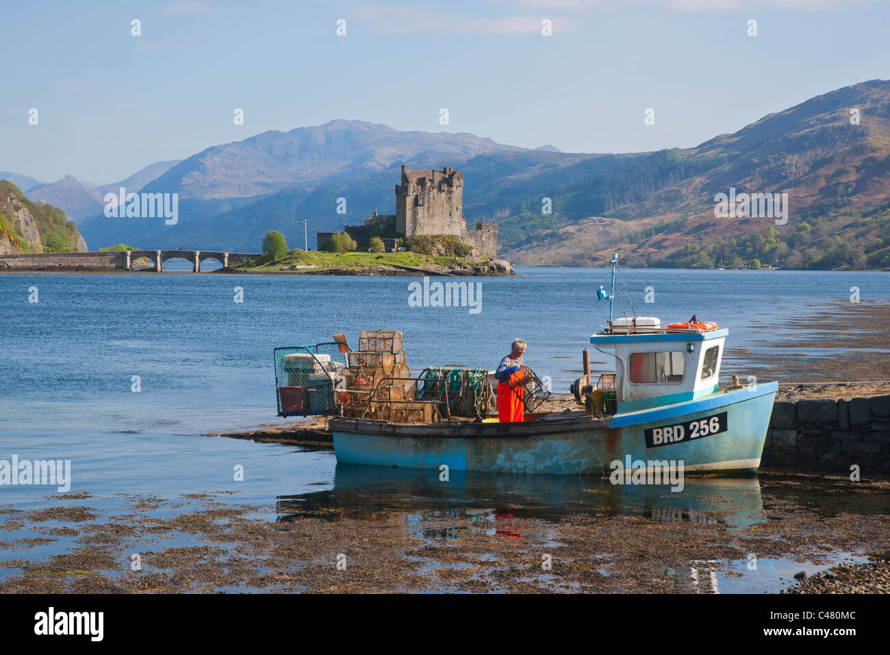 Eilean Donan Castle e Loch Duich, Lochalsh, regione delle Highlands, Scozia Foto Stock