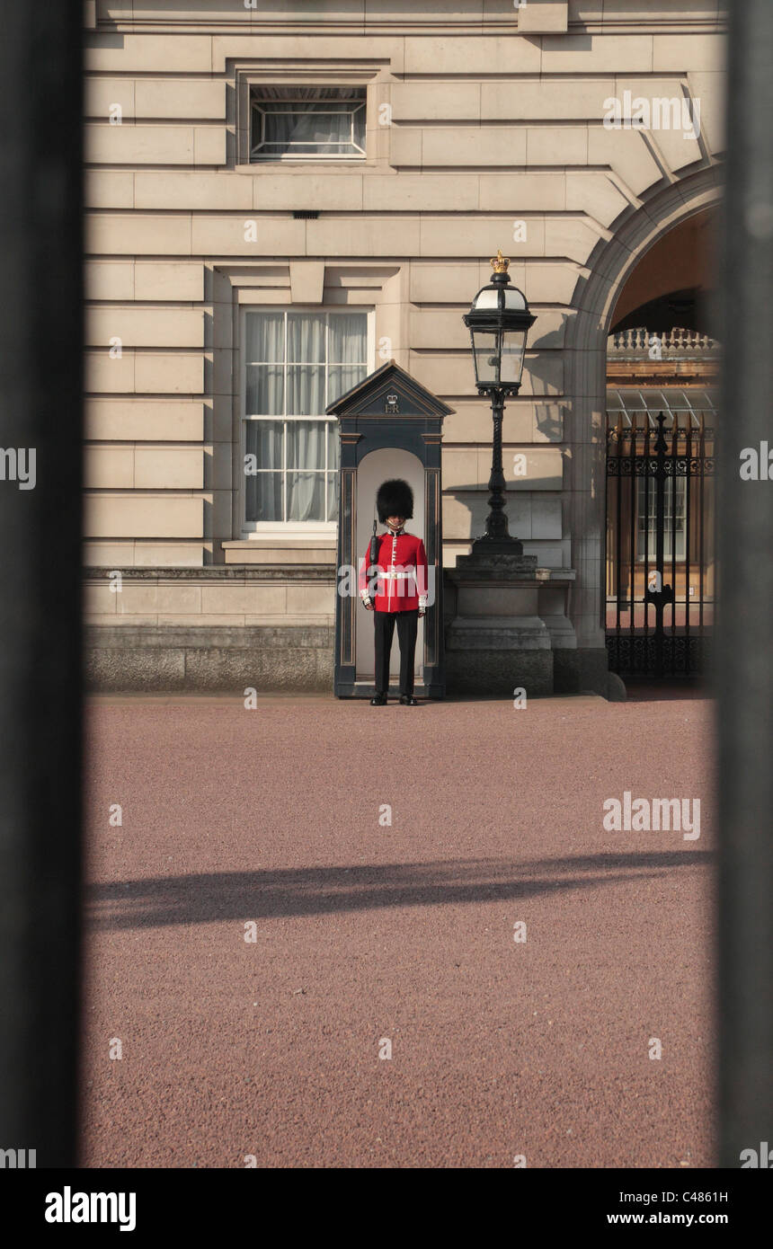 Una vista attraverso le ringhiere fuori Buckingham Palace, London, Regno Unito. di un soldato della regina della guardia di turno. Foto Stock