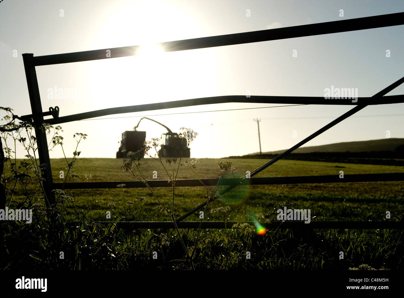 Vista panoramica della fattoria di lavoro i veicoli in serata la raccolta di fieno. England Regno Unito. Foto Stock
