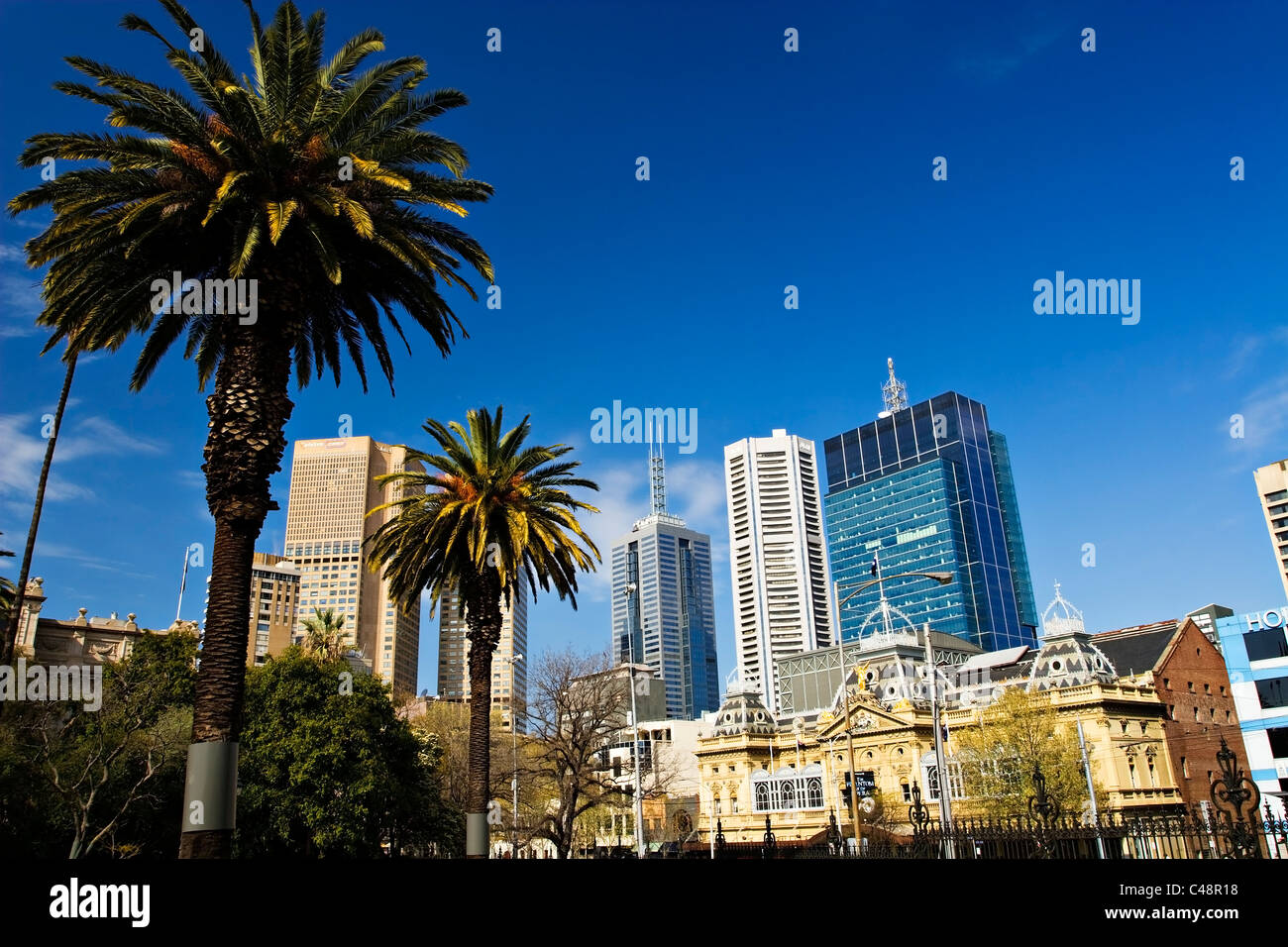 Melbourne Australia / Melbourne del moderno skyline è visto da un inner city park. Foto Stock