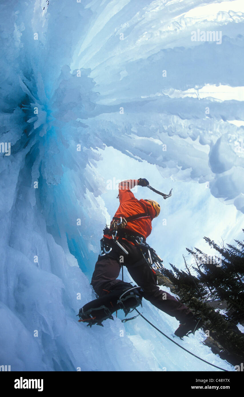 Uomo di arrampicata su ghiaccio Wicked Wanda in British Columbia, Canada. Foto Stock