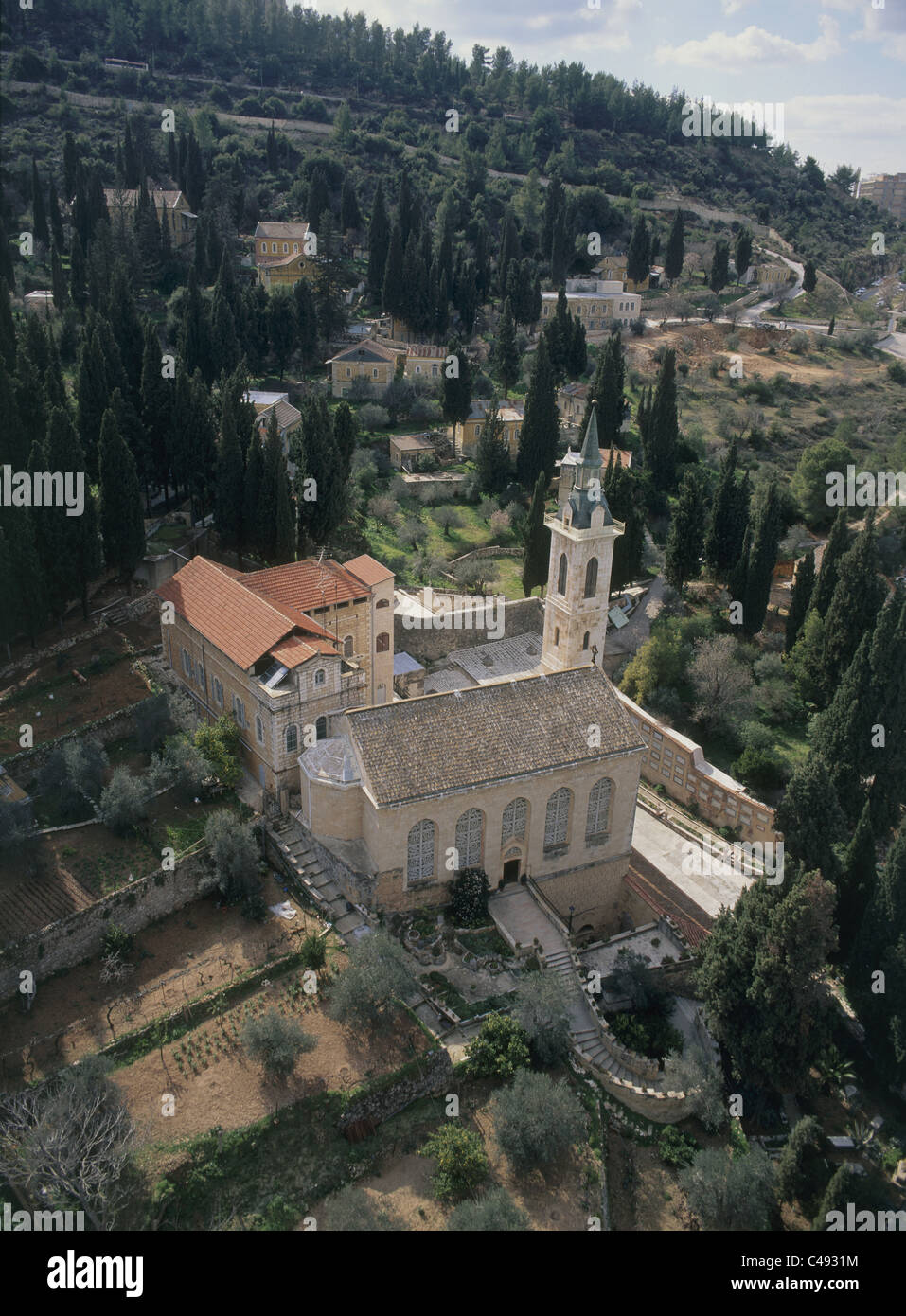 Fotografia aerea della chiesa della Visitazione di Ein Kerem Foto Stock
