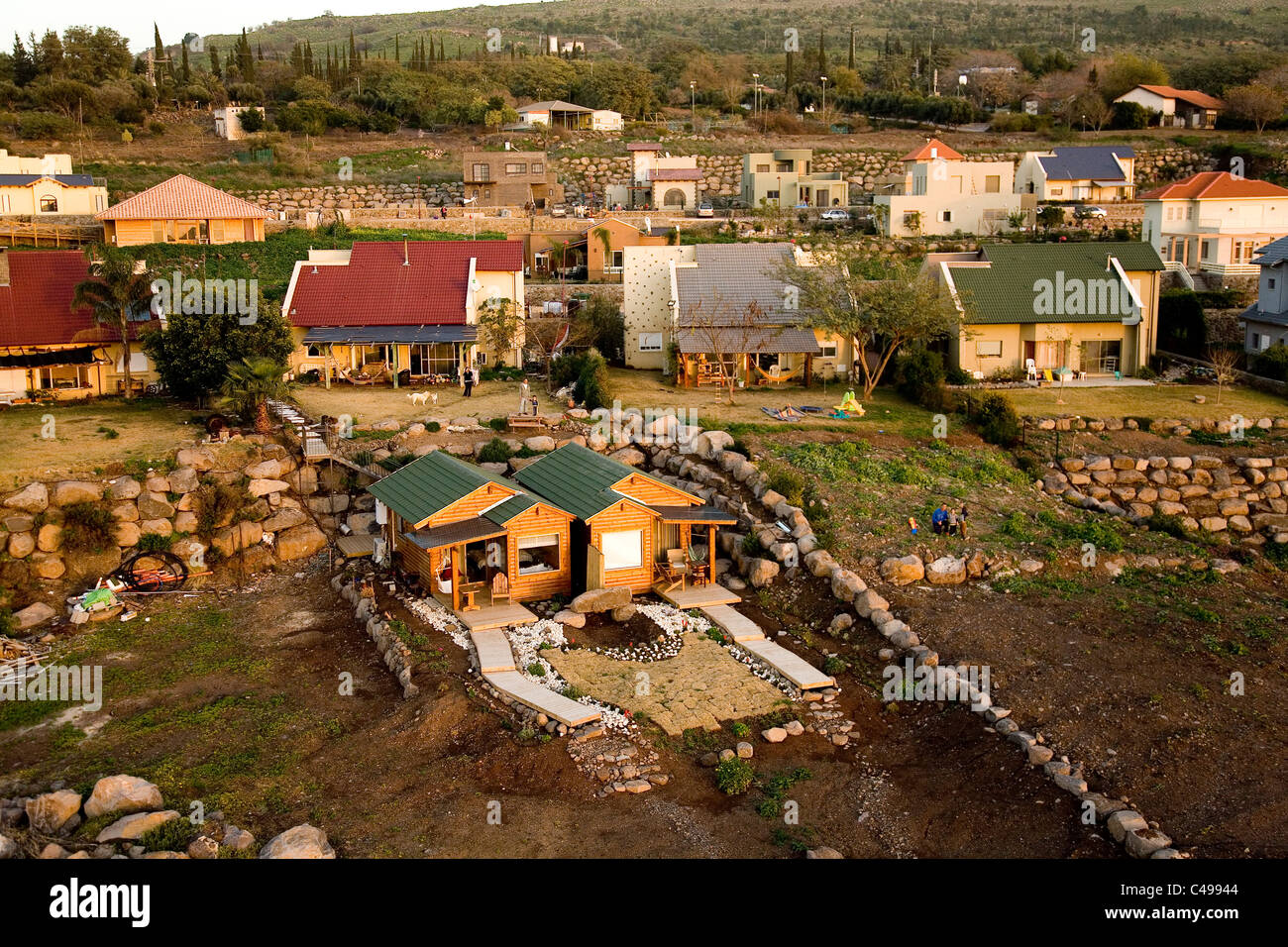 Fotografia aerea del villaggio di Ma'ale Gamla nel sud del Golan Foto Stock