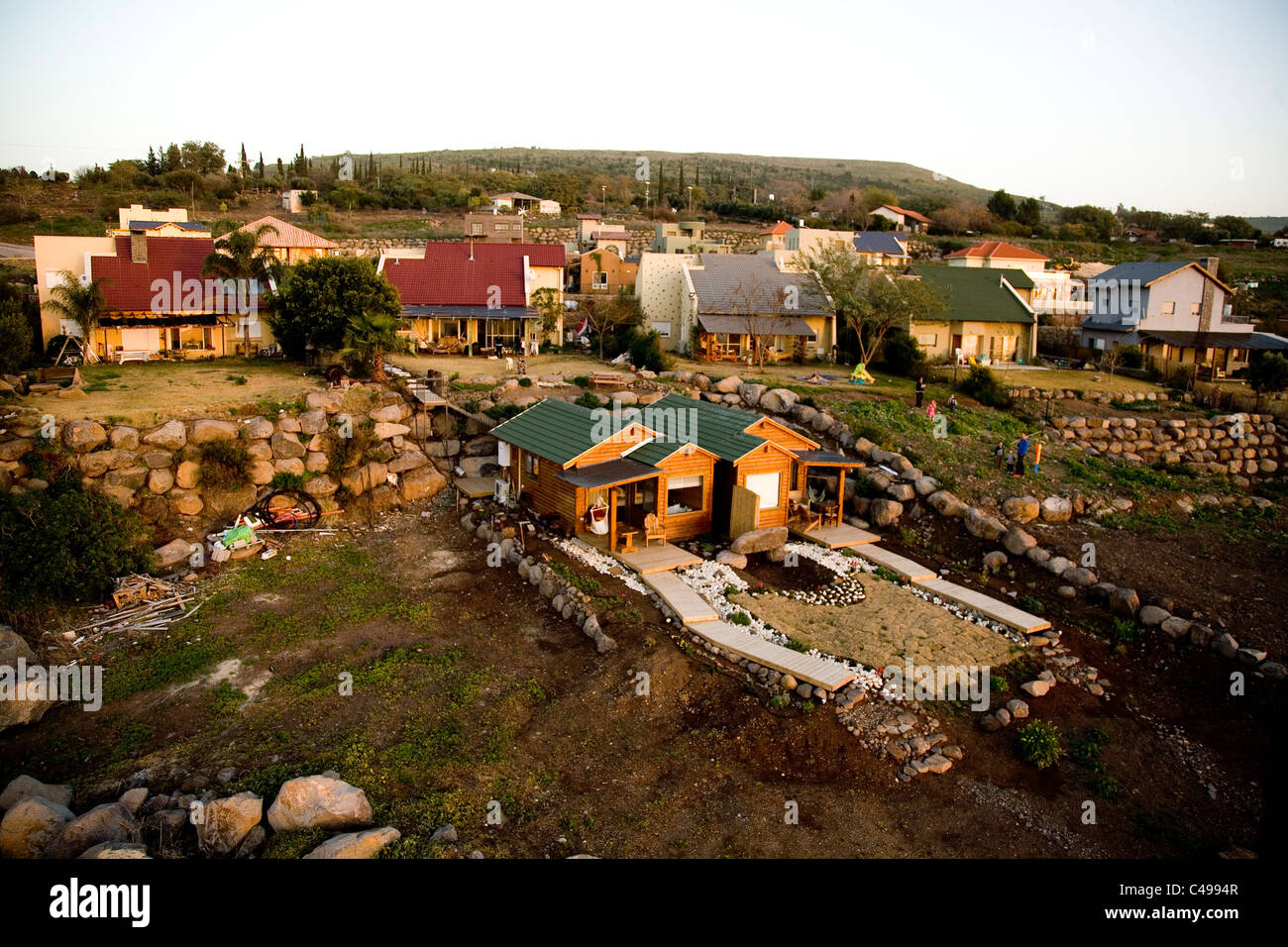 Fotografia aerea del villaggio di Ma'ale Gamla nel sud del Golan Foto Stock