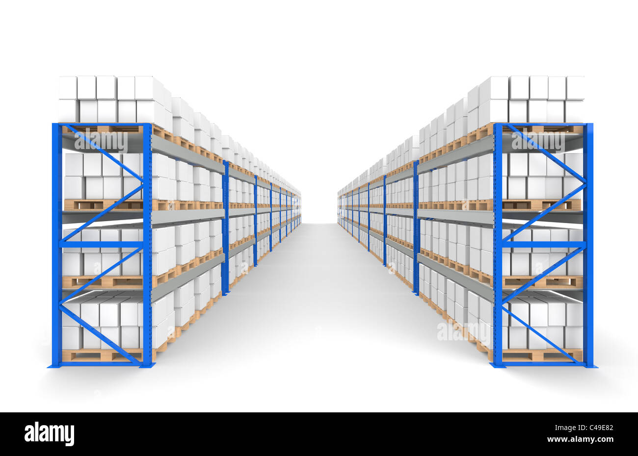 Ripiani del magazzino 2 righe. Piano di ombre. Parte di un deposito di colore blu e la serie di logistica Foto Stock