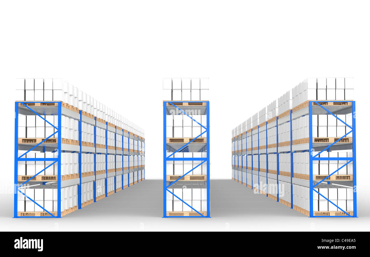 Ripiani del magazzino, in vista frontale con le ombre. Parte di un deposito di colore blu e la logistica serie. Foto Stock