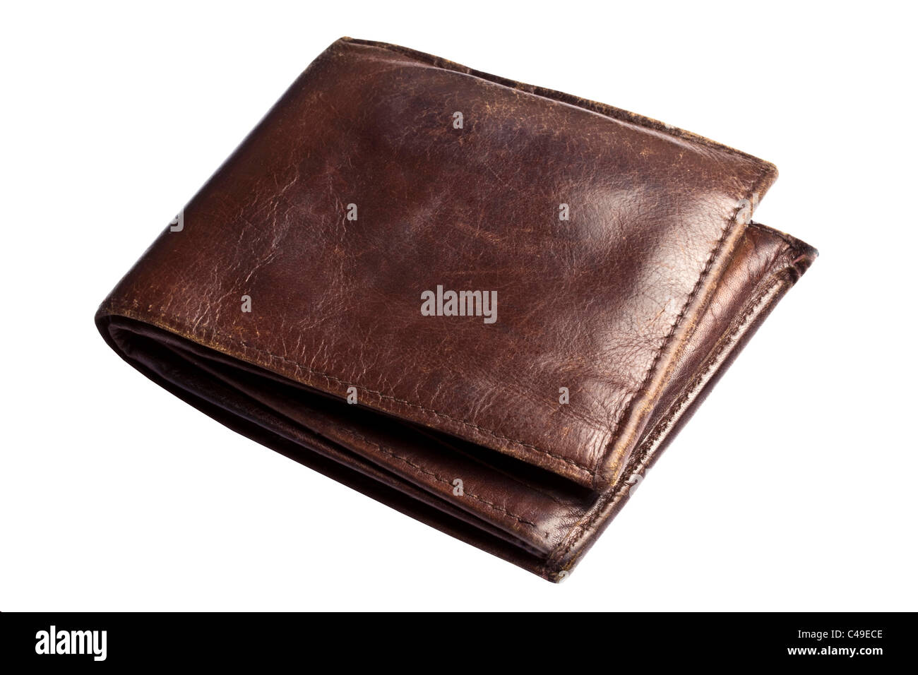 Vecchio portafoglio marrone isolati su sfondo bianco Foto Stock
