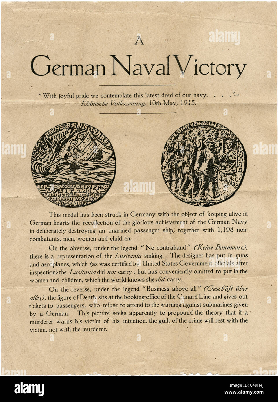 Opuscolo di accompagnamento medaglia di propaganda di affondamento della Cunard liner Lusitania da un tedesco U Boat U-20 del 7 maggio 1915 JMH4968 Foto Stock