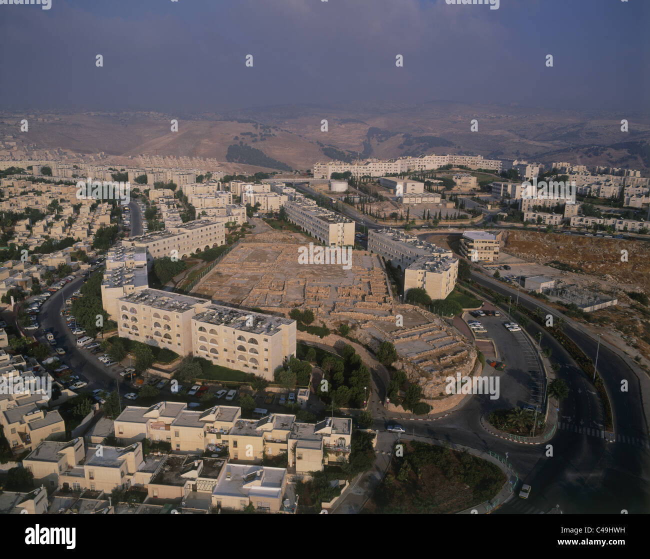 Fotografia aerea dei resti di un monastero bizantino in Ma'ale Adumim Foto Stock