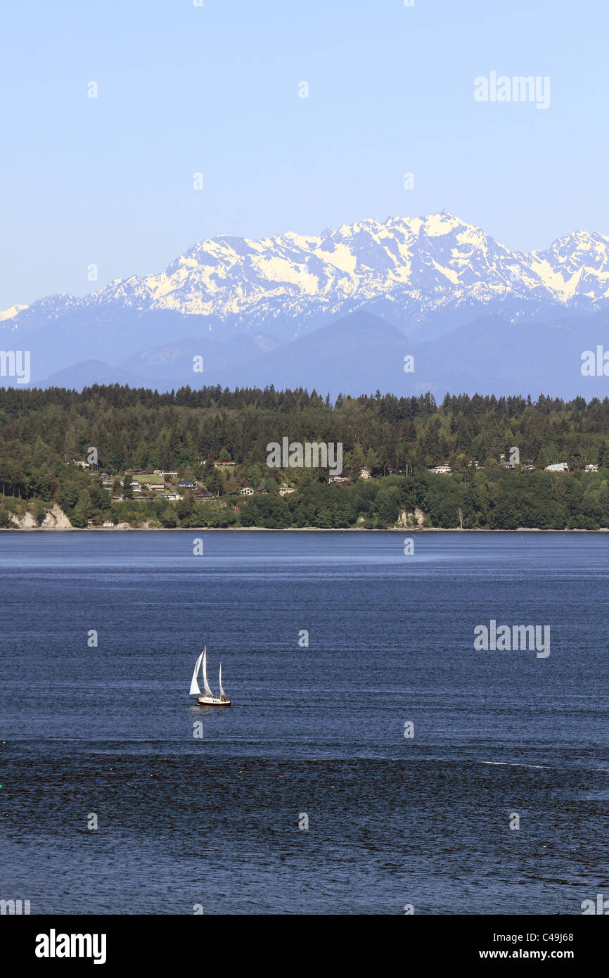 Barca a vela sul Puget Sound con Penisola Olimpica Mountain Range Foto Stock